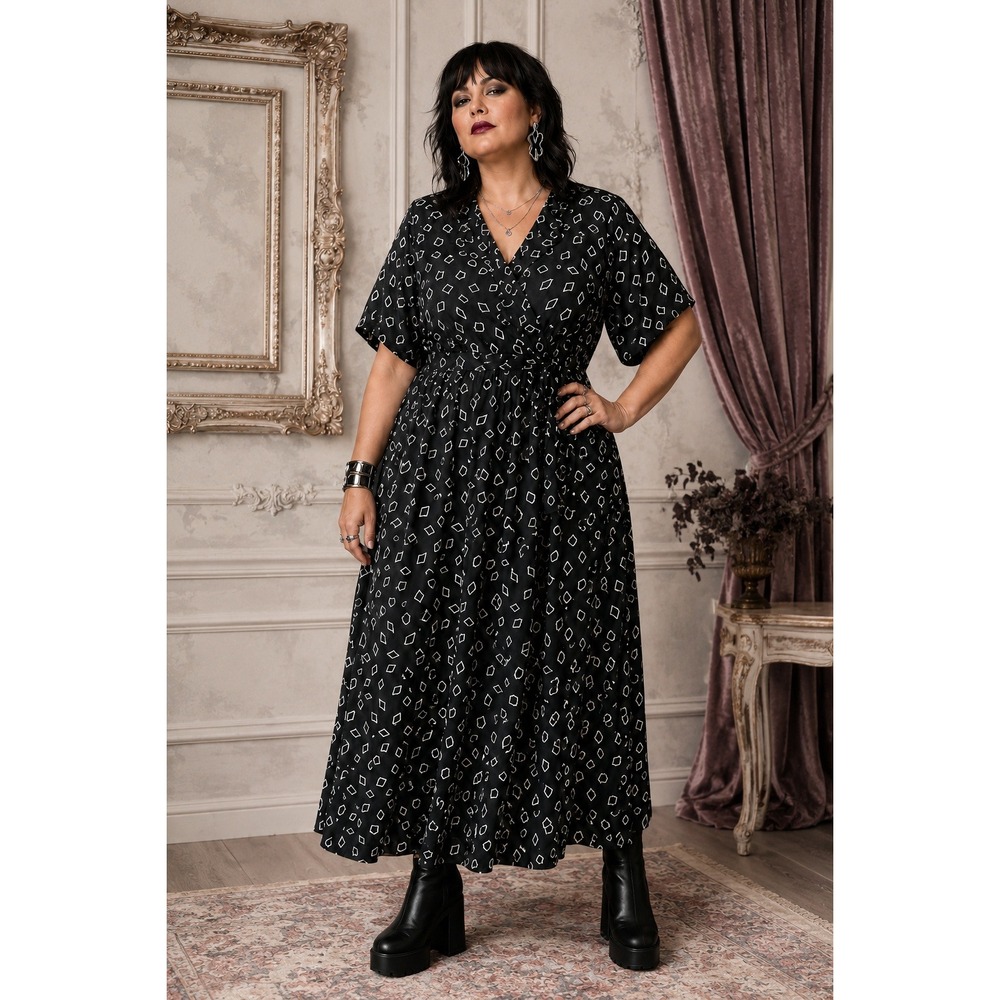 Leslie Fay Vintage Black White Diamond Print Midi Dress Size 16 Pockets Shoulder